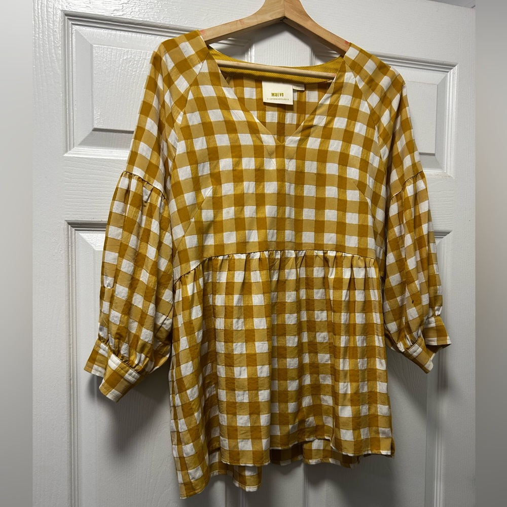 Anthropologie Yellow and White Plaid Blouse XS